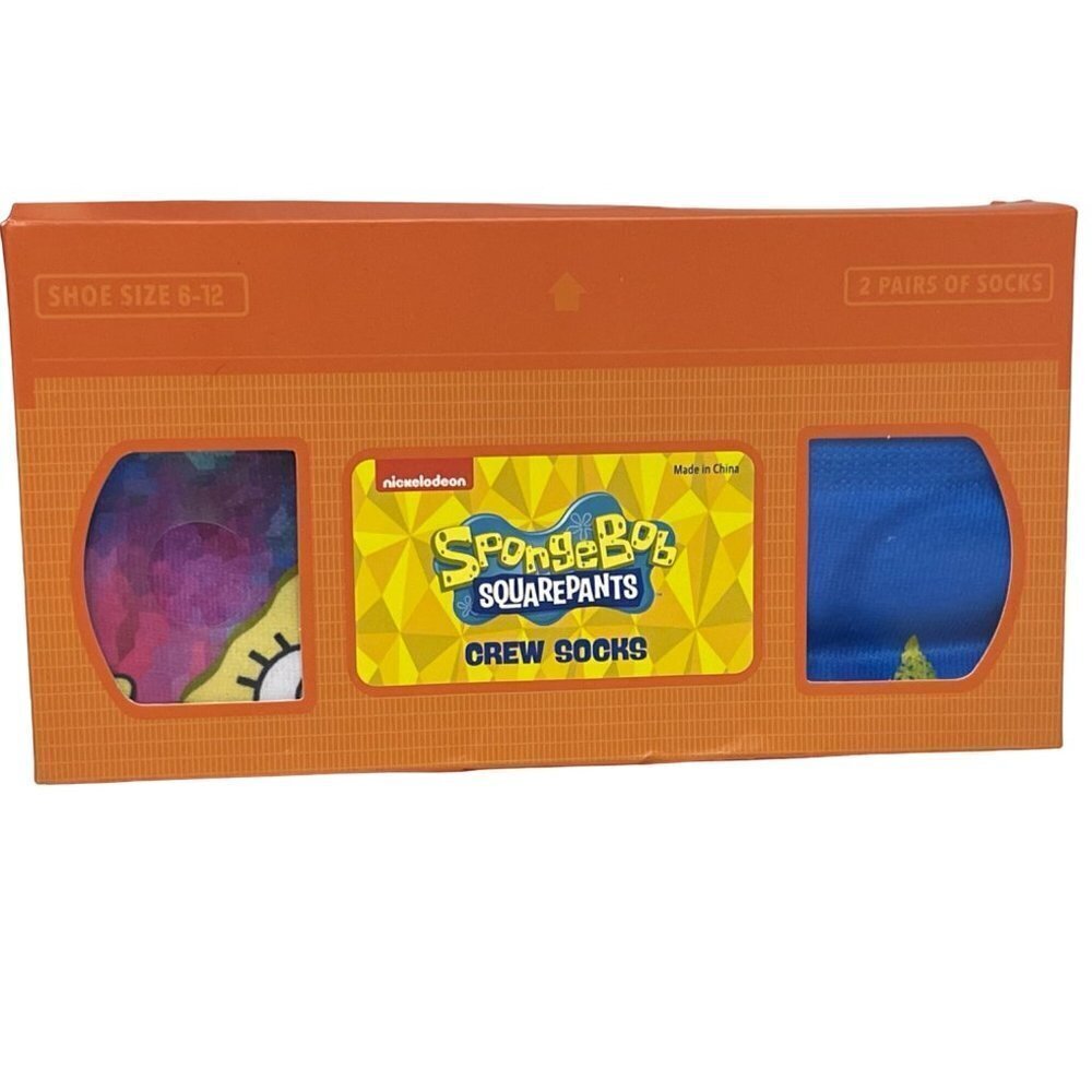 NEW! Spongebob SquarePants Novelty Crew Socks 2 Pair Gift Box VHS Size 6-12